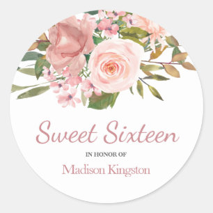 Rose Gold & Blush Flowers Sweet 16 Favour Classic Round Sticker