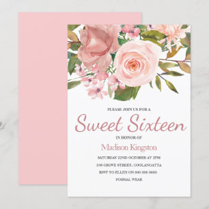 Rose Gold & Blush Flowers Sweet 16 Invite