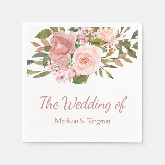 Rose Gold & Blush Flowers Wedding Napkin (Front)