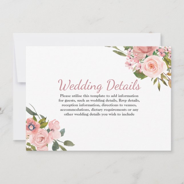Rose Gold Blush Flowers Wedding Reception Details Invitation (Front)