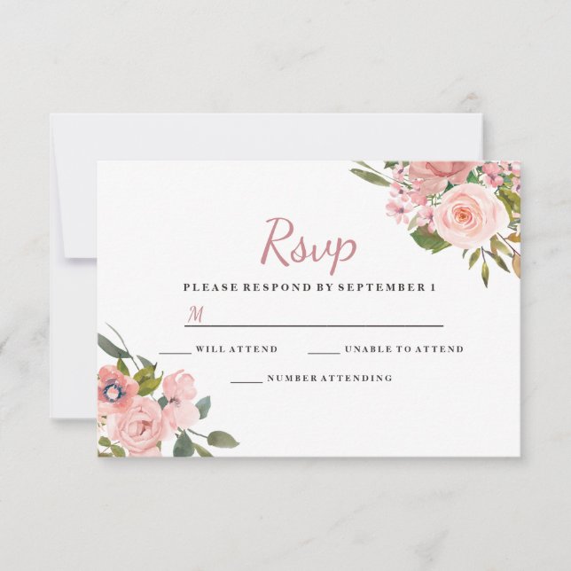 Rose Gold & Blush Flowers Wedding RSVP Card (Front)