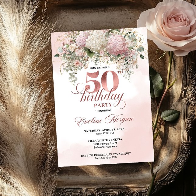 Rose Gold Blush Garden Floral 50th Birthday Invite (Rose Gold Blush Garden Floral 50th Birthday Invitation)