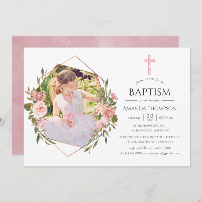 Rose Gold & Blush Geometric Baptism or Christening Invitation (Front/Back)