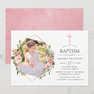 Rose Gold & Blush Geometric Baptism or Christening Invitation