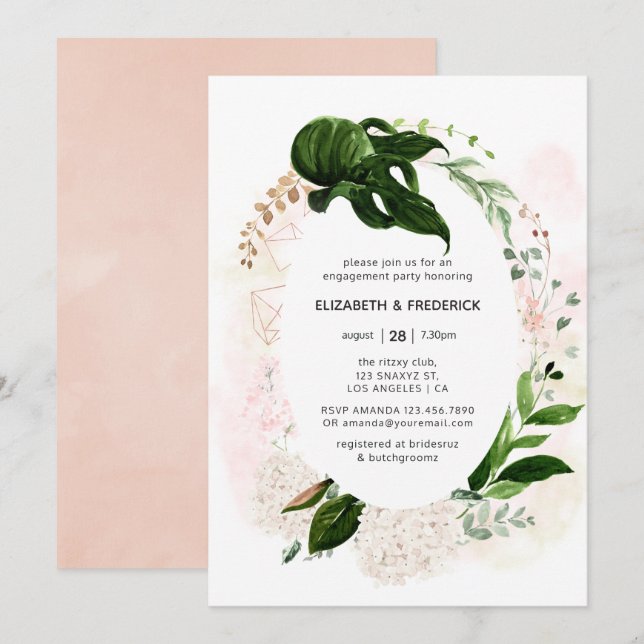 Rose Gold & Blush Geometric Greenery Engagement Invitation (Front/Back)