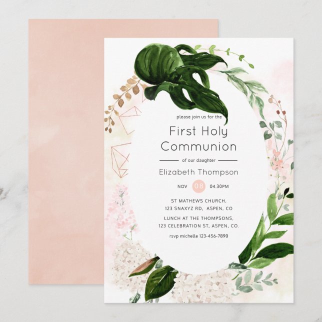 Rose Gold Blush Geometric Greenery Holy Communion Invitation (Front/Back)