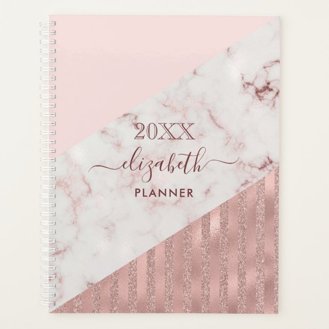 Rose Gold Blush Glam Glitter Marble Personalised Planner (Front)