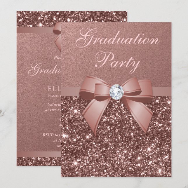 Rose Gold Blush Glitter Bow Graduation Party Invitation (Front/Back)