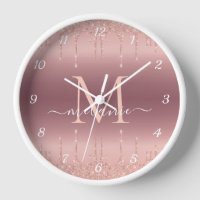 Rose Gold Blush Glitter Clock Custom Name Letter