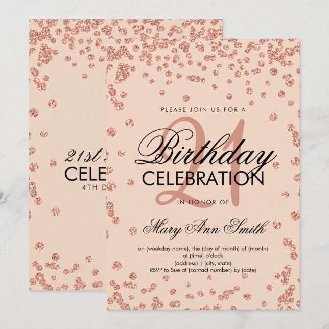 Rose Gold Blush Glitter Confetti 21st Birthday Invitation (Front/Back)