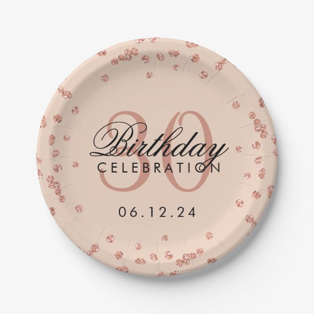 Rose Gold Blush Glitter Confetti 30th Birthday Paper Plate (Front)