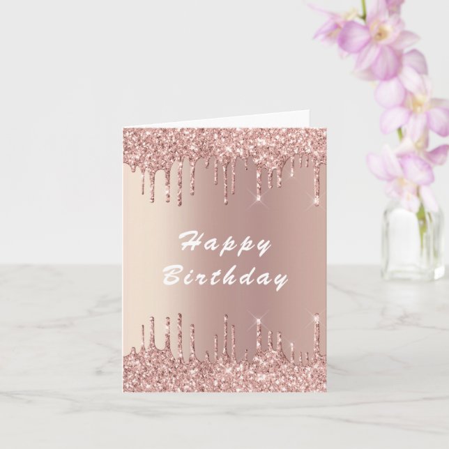 Rose Gold Blush Glitter Drips Birthday Card (Orchid)