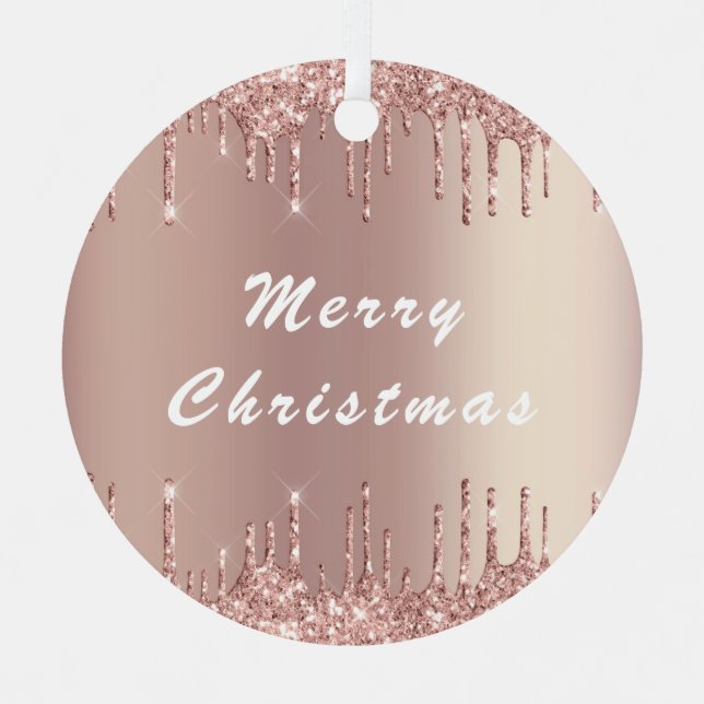 Rose Gold Blush Glitter Drips Christmas Ornament (Front)