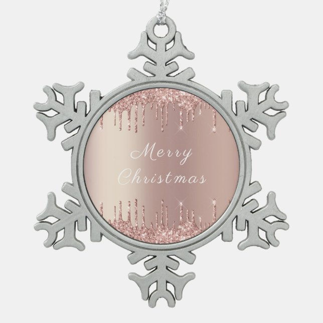 Rose Gold Blush Glitter Drips Christmas Ornament (Front)