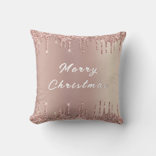 Rose Gold Blush Glitter Drips Christmas Pillow