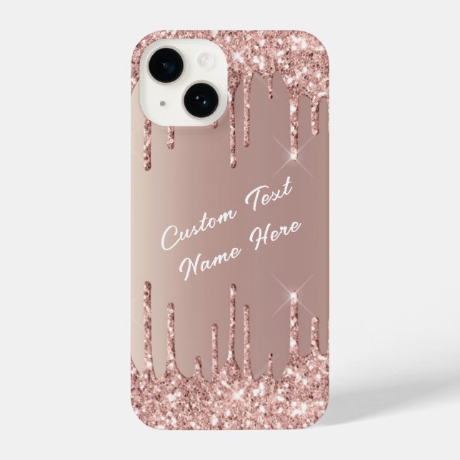 Rose Gold Blush Glitter Drips Custom Text Name iPhone Case (Back)