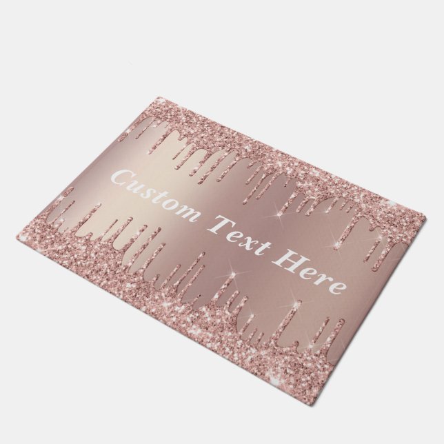 Rose Gold Blush Glitter Drips Doormat Custom Text (Angled)