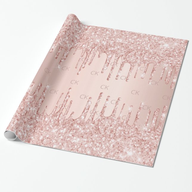 Rose gold blush glitter drips glamourous monogram wrapping paper (Unrolled)