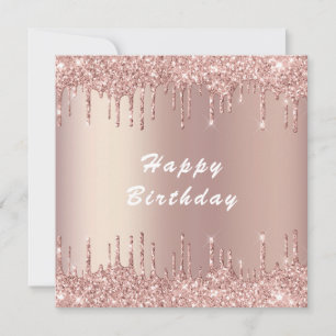 Rose Gold Blush Glitter Drips Happy Birthday Card