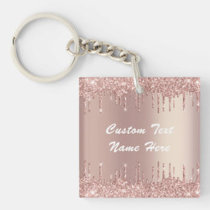 Rose Gold Blush Glitter Drips Keychain Name Text