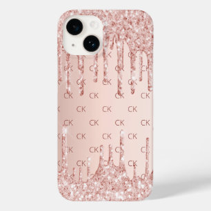 Rose gold blush glitter drips monogram initials Case-Mate iPhone 14 case