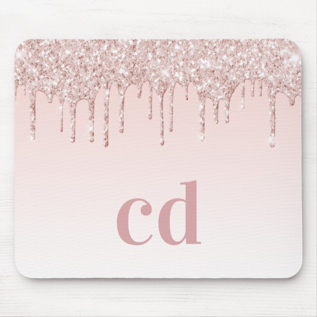 Rose gold blush glitter drips monogram initials mouse mat (Front)
