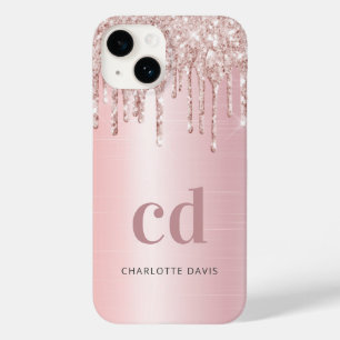 Rose gold blush glitter drips monogram name Case-Mate iPhone 14 case