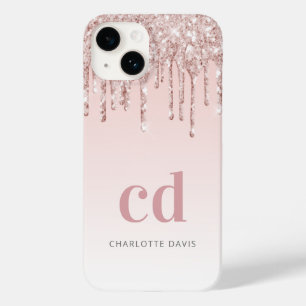 Rose gold blush glitter drips monogram name Case-Mate iPhone 14 case