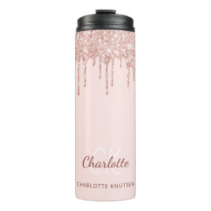 Rose gold blush glitter drips monogram name thermal tumbler