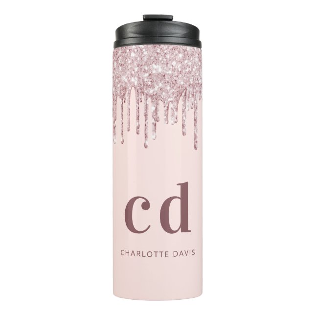 Rose gold blush glitter drips monogram name thermal tumbler (Front)