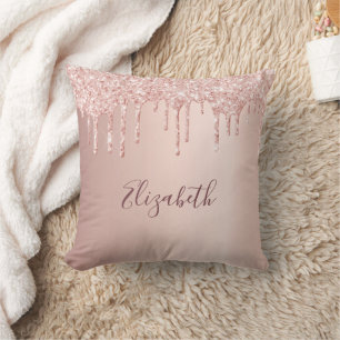 Rose gold blush glitter drips name cushion