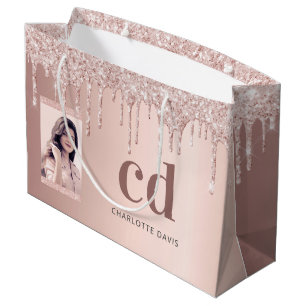 Rose gold blush glitter drips photo monogram large gift bag
