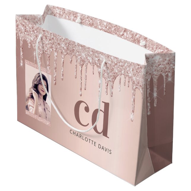 Rose gold blush glitter drips photo monogram large gift bag (Back Angled)