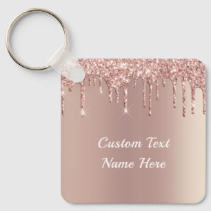 Rose Gold Blush Glitter Drips Text Name Keychain