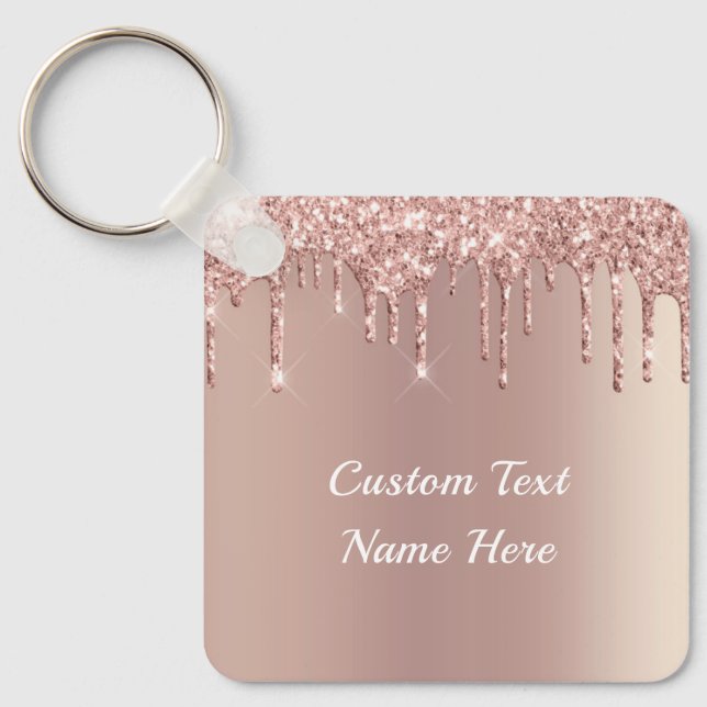 Rose Gold Blush Glitter Drips Text Name Keychain (Front)