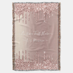 Rose Gold Blush Glitter Drips Text Throw Blanket