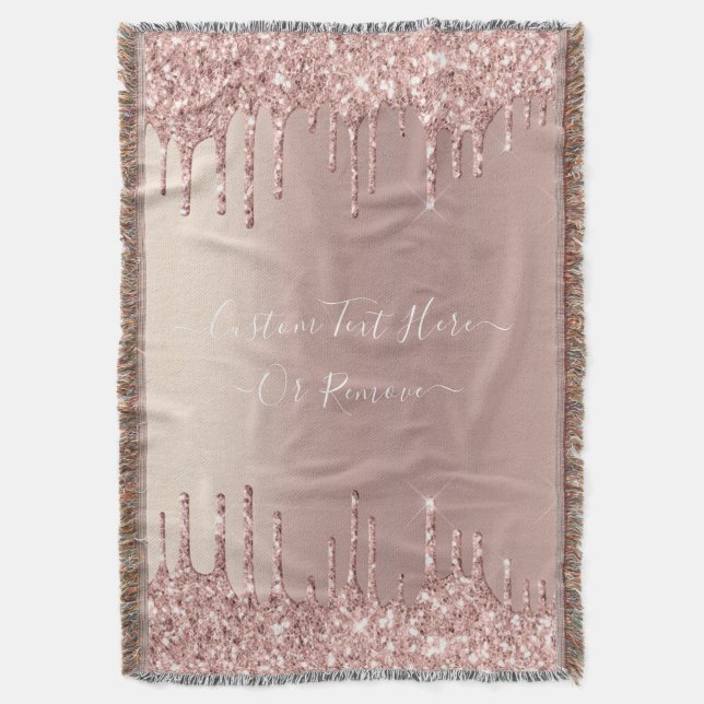 Rose Gold Blush Glitter Drips Text Throw Blanket (Front Vertical)