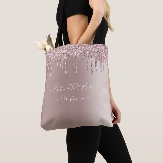 Rose Gold Blush Glitter Drips Your Text Tote Bag (Close Up)