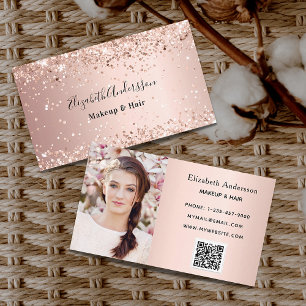 Rose gold blush glitter dust photo qr code business card
