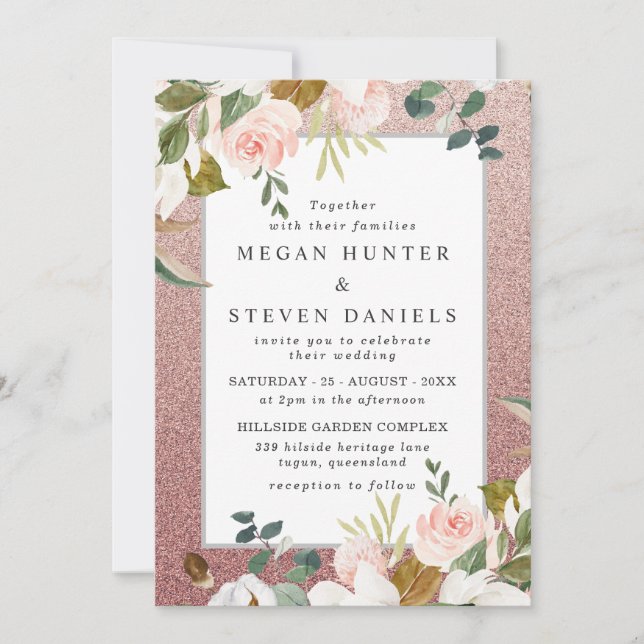 Rose Gold Blush Glitter Floral Modern Wedding Invitation (Front)