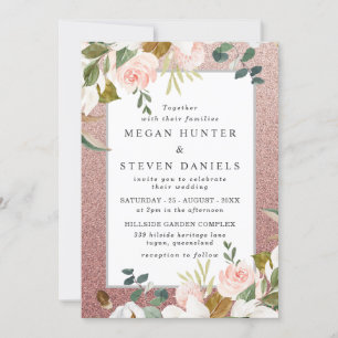 Rose Gold Blush Glitter Floral Modern Wedding Invitation