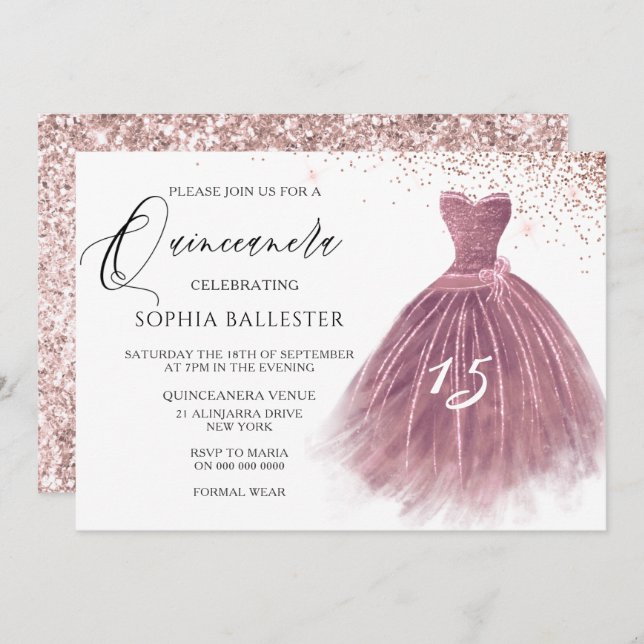 Rose Gold Blush Glitter Gown Quinceanera Party Invitation (Front/Back)