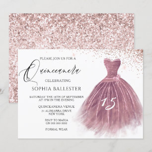 Rose Gold Blush Glitter Gown Quinceanera Party Invitation