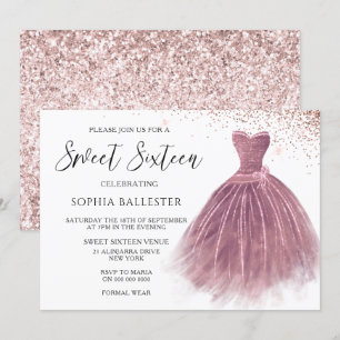 Rose Gold Blush Glitter Gown Sweet 16 Party Invitation