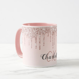 Rose gold blush glitter monogram initials script mug