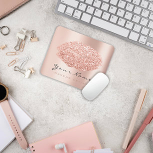 Rose Gold Blush Glitter Name Makeup Lips Kiss Mouse Mat