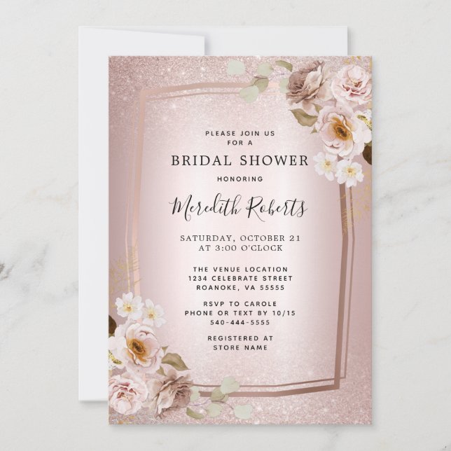 Rose Gold Blush Glitter Ombre Floral Bridal Shower Invitation (Front)