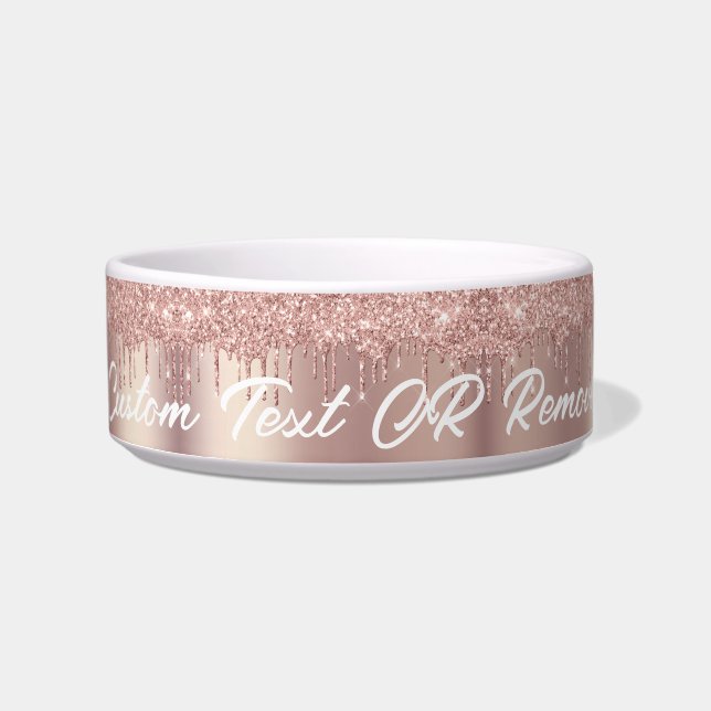 Rose Gold Blush Glitter Pets Bowl with Custom Text (Front)