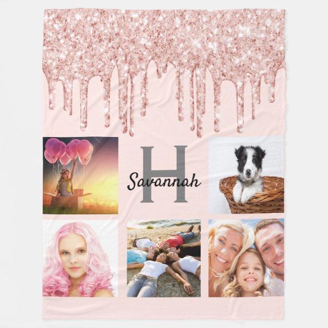 Rose gold blush glitter photo collage name fleece blanket (Front)
