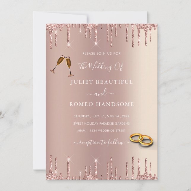 Rose Gold Blush Glitter Rings Wedding Invitation (Front)